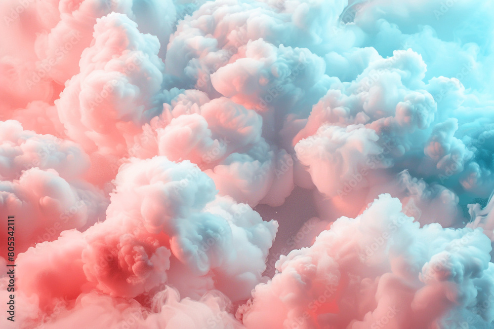 Soft, fluffy clouds of pink and light blue merging together in a dreamy, cotton candy-like texture, evoking a sense of sweetness and whimsy.