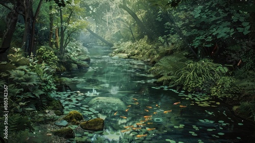 hidden woodland stream in a lush forest setting  with fish darting beneath the surface