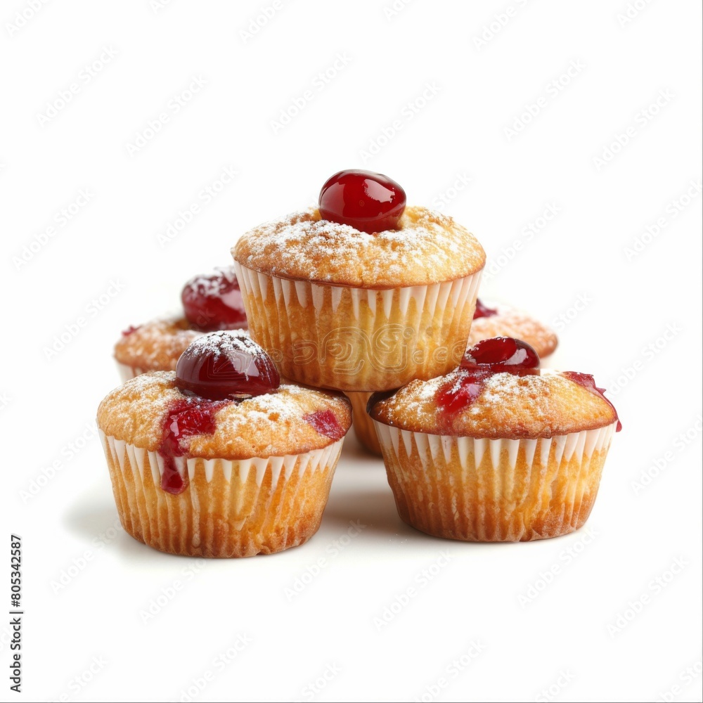 A tempting pile of cupcakes topped with cherries A tempting pile of cupcakes topped with cherries