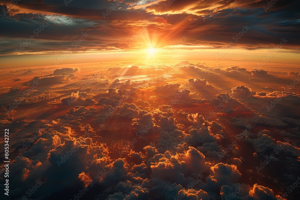An awe-inspiring view of the sunset peering through a vibrant cloudscape, highlighting nature's grandeur