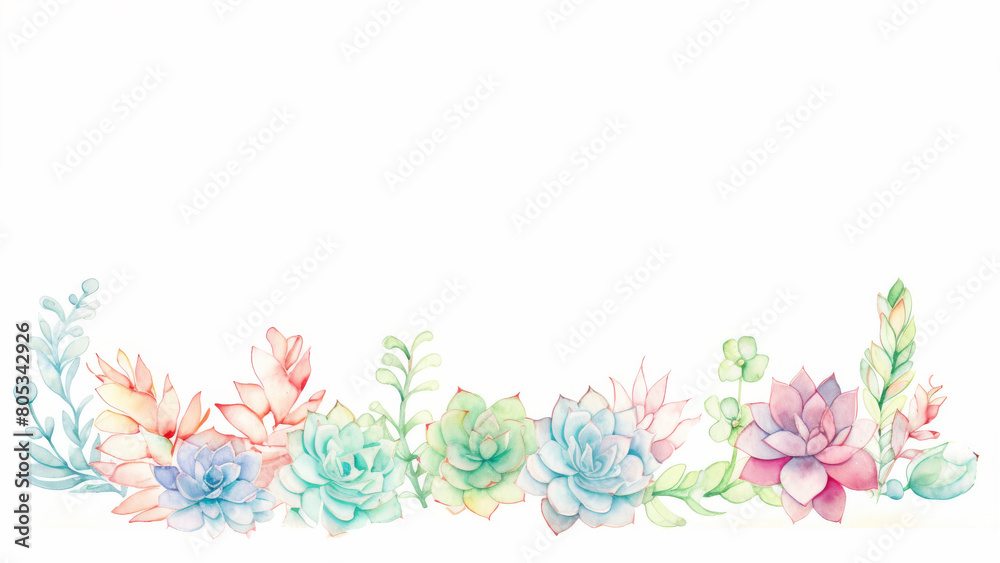 Beautifully detailed succulents and flowers in soft watercolor hues, ideal for elegant decorative purposes.