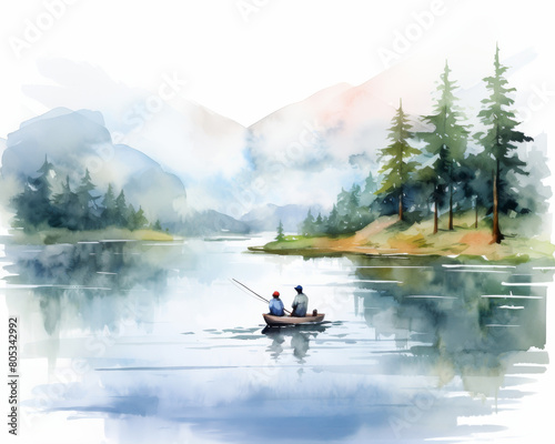 A tranquil watercolor painting of two fishermen in a boat on a calm lake at dawn, surrounded by misty mountains and evergreen trees.