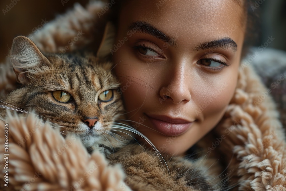 Captivating close-up of a woman with perfect makeup embracing her tabby cat Captivating close-up of a woman with perfect makeup embracing her tabby cat