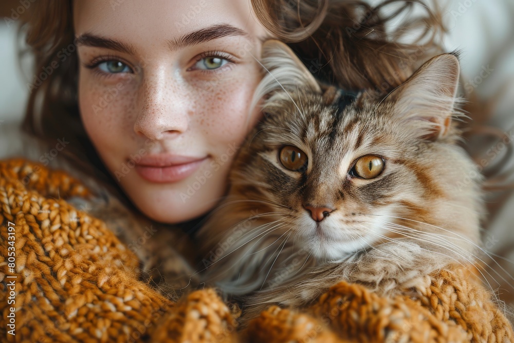 A close-up image of a smiling woman holding her fluffy cat and lying down covered with a brown blanket A close-up image of a smiling woman holding her fluffy cat and lying down covered with a brown blanket