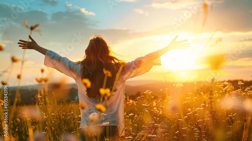 Woman Celebrating Freedom in Sunny Wildflower Meadow at Sunset