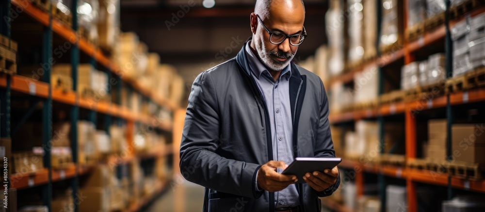 Manager using digital tablet checks stock of goods in warehouse, blurred warehouse background