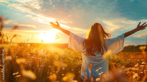Woman Celebrating Freedom in Sunny Wildflower Meadow at Sunset