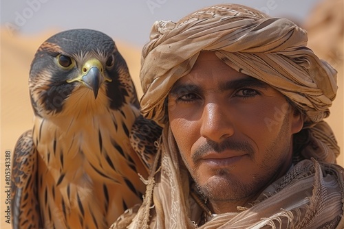 A close-up image showing the shared gaze of a man and his majestic falcon