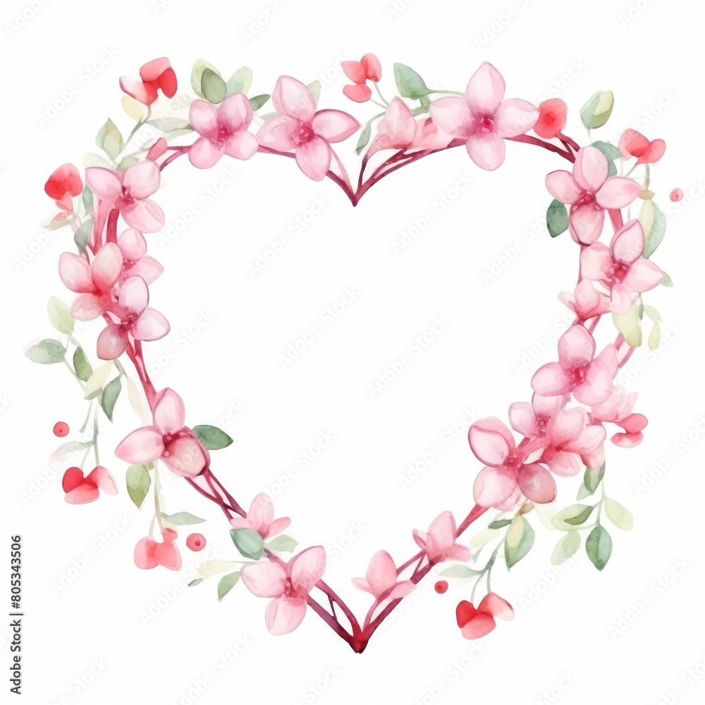 A delicate watercolor heart shaped wreath made from pink and red flowers, ideal for romantic or Valentine's Day themes.