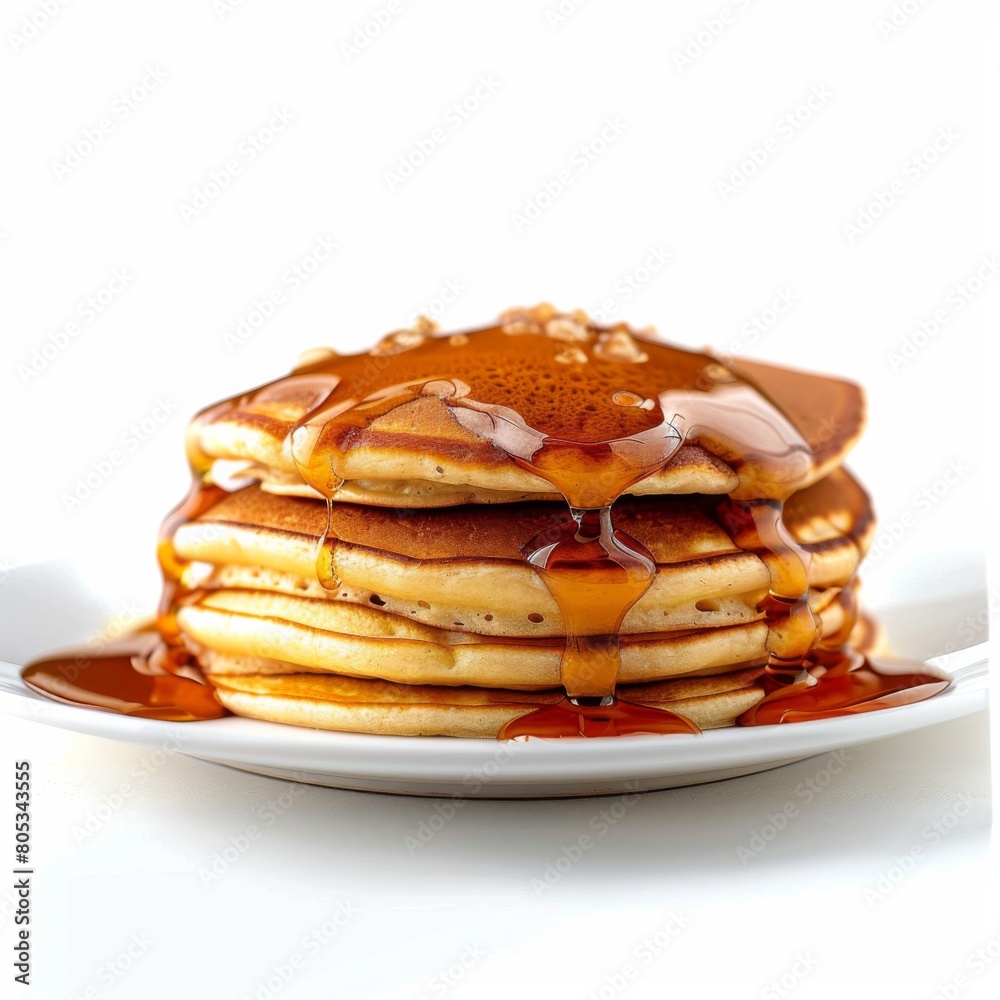 A plate stacked high with fluffy pancakes smothered in syrup A plate stacked high with fluffy pancakes smothered in syrup