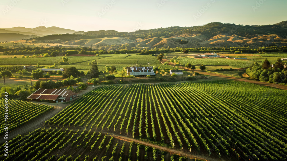 Aerial view of lush green vineyards with farm buildings at sunset. Drone photography for agricultural design and print. Rural landscape and sustainable farming concept