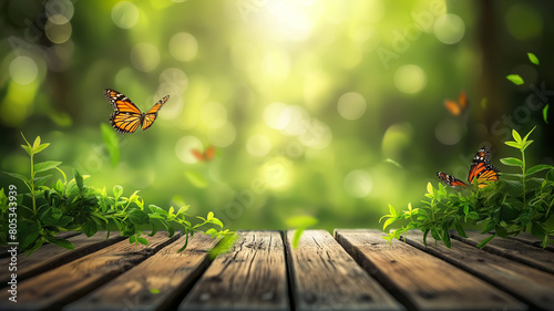 Lush grass and bush in garden with wood plank floor and butterflies at morning, summer and spring time theme background.