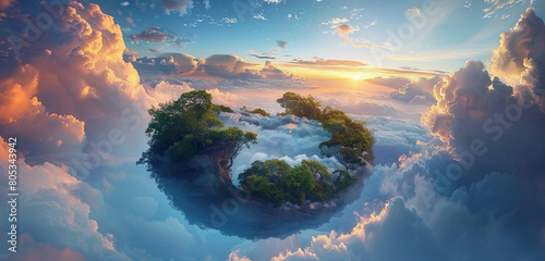 In the heart of a swirling cloud vortex, a serene paradise reveals itself, with lush, untouched landscapes floating above the sky. The clouds form a dynamic,  photo