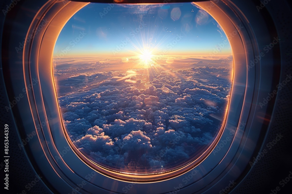 A stunning view of a sunset above the clouds, captured from an airplane window A stunning view of a sunset above the clouds, captured from an airplane window