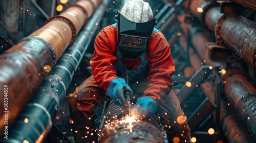 A person in overalls and gloves is welding on the side of an iron pipe, wearing protective glasses and a mask covering their face, sparks flying from small pieces photo