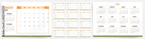 2025 Calendar template design. Week starts on Sunday office calendar. Desktop planner in simple clean style. Corporate or business calendar 2025. English vector 2025 calendar layout.