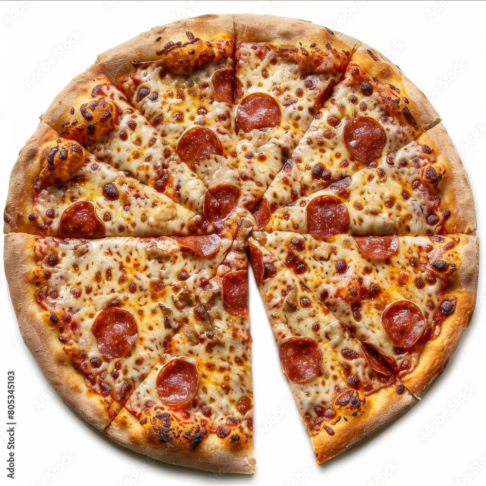 A sliced pepperoni pizza on a white background, showcasing the delicious toppings and crispy crust A sliced pepperoni pizza on a white background, showcasing the delicious toppings and crispy crust