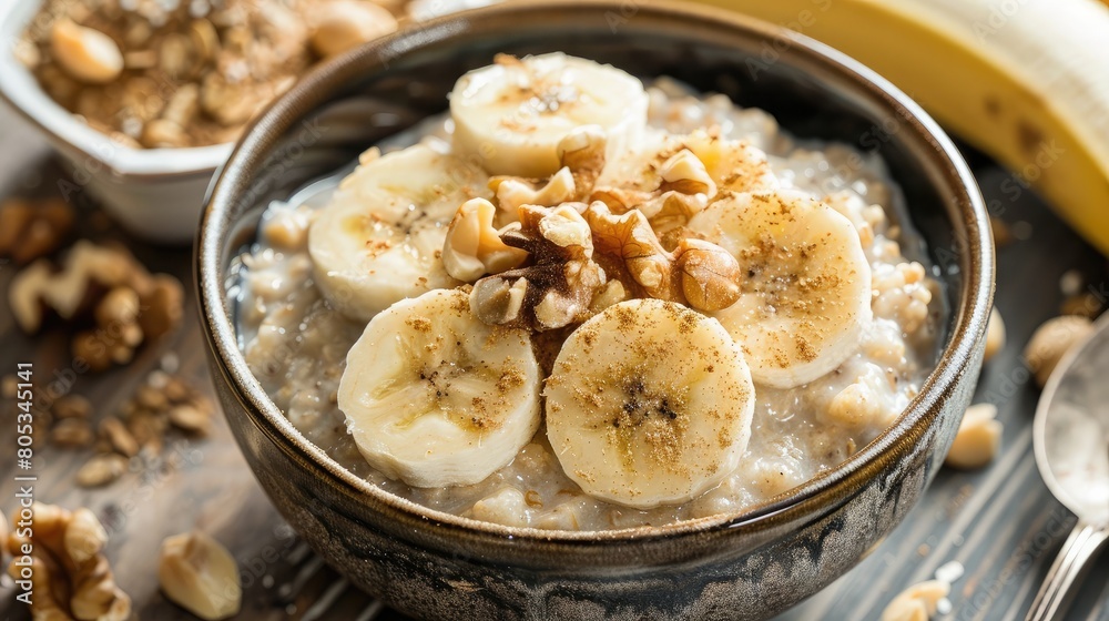 satisfying bowl of oatmeal topped with bananas and nuts for sustained energy satisfying bowl of oatmeal topped with bananas and nuts for sustained energy