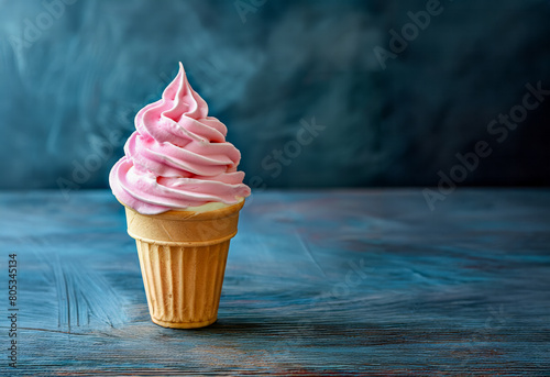 Cupcake with pink cream on a blue wooden background