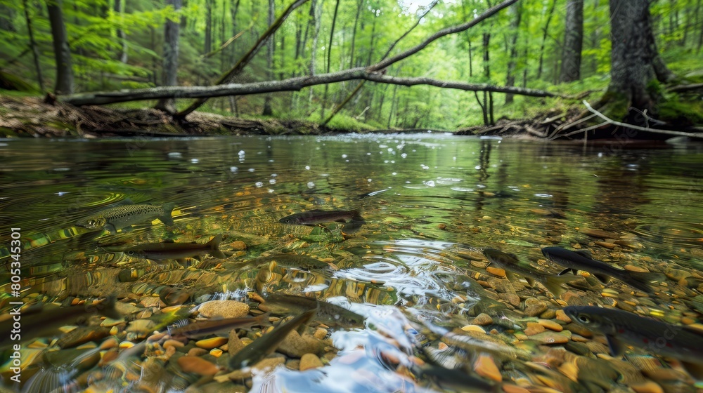 secluded woodland creek with clear, shallow water revealing fish swimming gracefully