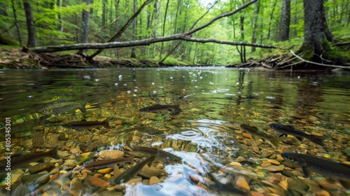secluded woodland creek with clear  shallow water revealing fish swimming gracefully