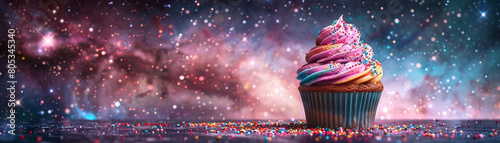Cupcake overflowing with colorful frosting and sprinkles, set against a galaxy of stars in a vast expanse of space photo