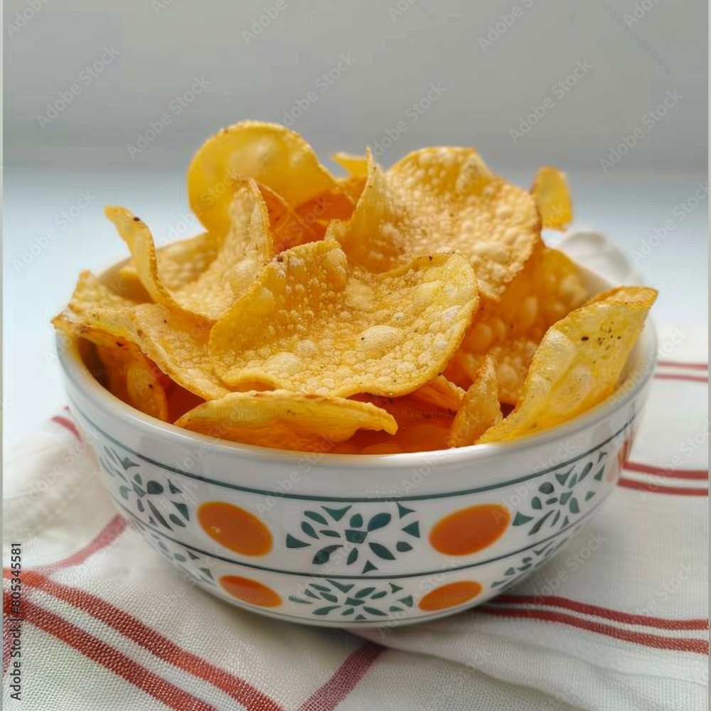 A bowl filled with crispy potato chips sits on a table A bowl filled with crispy potato chips sits on a table