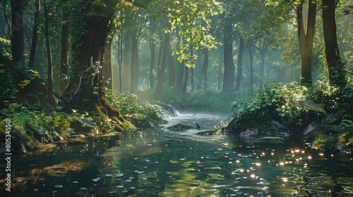 secluded woodland river flowing gently  its surface disturbed only by swimming fish