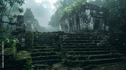 ruins of an ancient indigenous village in the amazon with fog