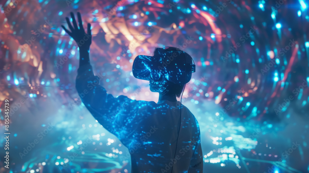 Man wearing virtual reality headset surrounded by immersive light display. Studio portrait in a virtual reality simulation environment