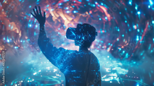 Man wearing virtual reality headset surrounded by immersive light display. Studio portrait in a virtual reality simulation environment