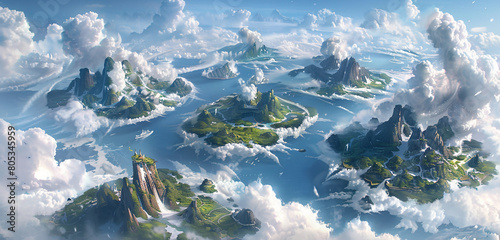 In an otherworldly domain above the clouds, islands float within the embrace of swirling whirlwinds, each island a masterpiece of natural beauty. 