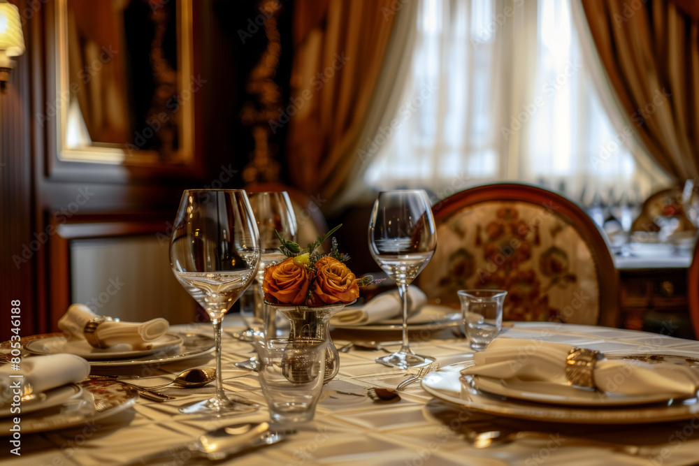 Elegant dining table setup with crystal glassware and floral centerpiece. Professional interior photography in a luxury vintage restaurant. Fine dining concept design for posters and invitations