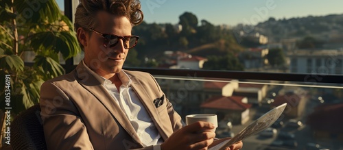 portrait of a businessman relaxing on the balcony and enjoying a cup of hot coffee photo