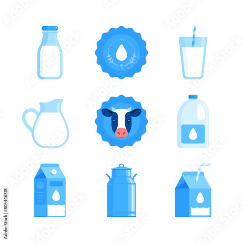 Set of milk bottle  jug  glass  gallon  carton  metal can  milk drop  and a cow. Flat icon set isolated on a white background. Dairy products concept for use in apps  websites and print materials