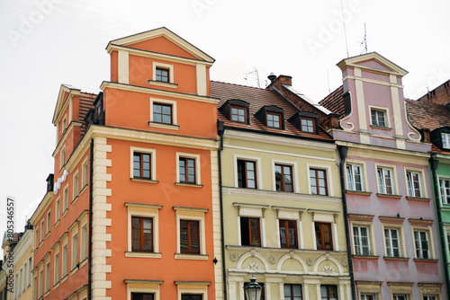 Beautiful colorful facades of antique building at Wroclaw, Poland. Polish landmark in the historic center of town