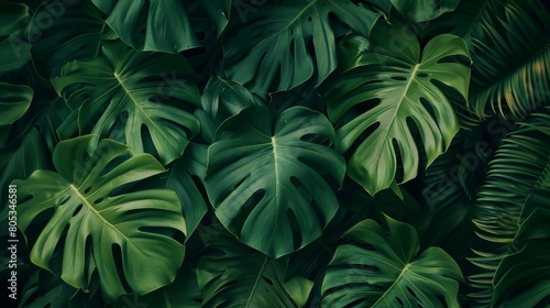 Exotic leaf wallpaper  seamless design  soft focus on green hues  close frontal view  rainforest vibes