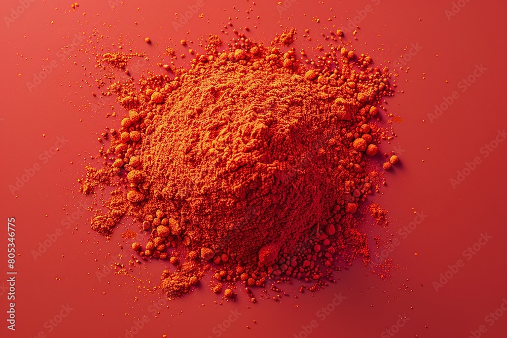 vibrant red chili powder scattered on a matching red background. Close-up studio photography. Spicy cuisine and culinary flavoring concept for design and print