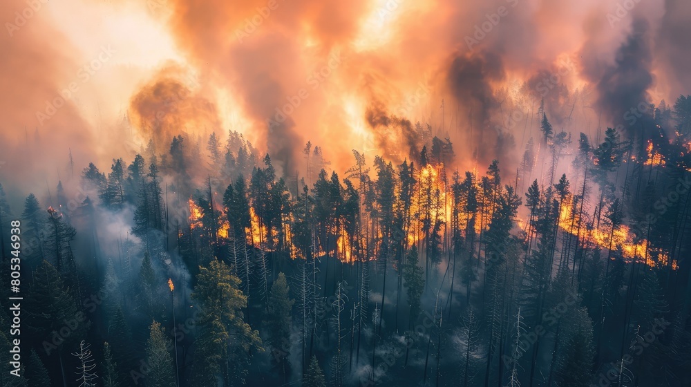 Thick smoke billowing from a forest fire as flames consume trees Stock ...
