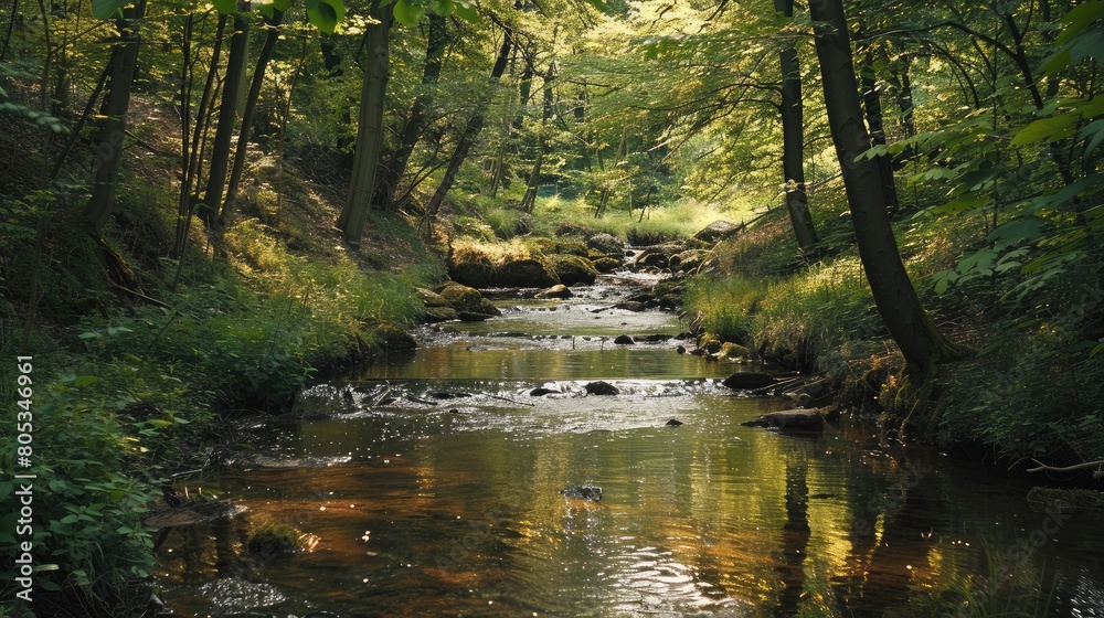 tranquil brook meandering through the woods, its waters teeming with fish tranquil brook meandering through the woods, its waters teeming with fish