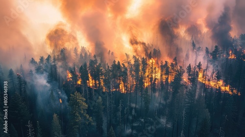 Thick smoke billowing from a forest fire as flames consume trees