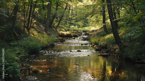 tranquil brook meandering through the woods, its waters teeming with fish