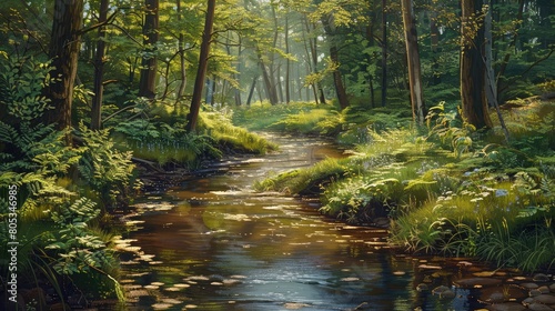 tranquil brook meandering through the woods  its waters teeming with fish
