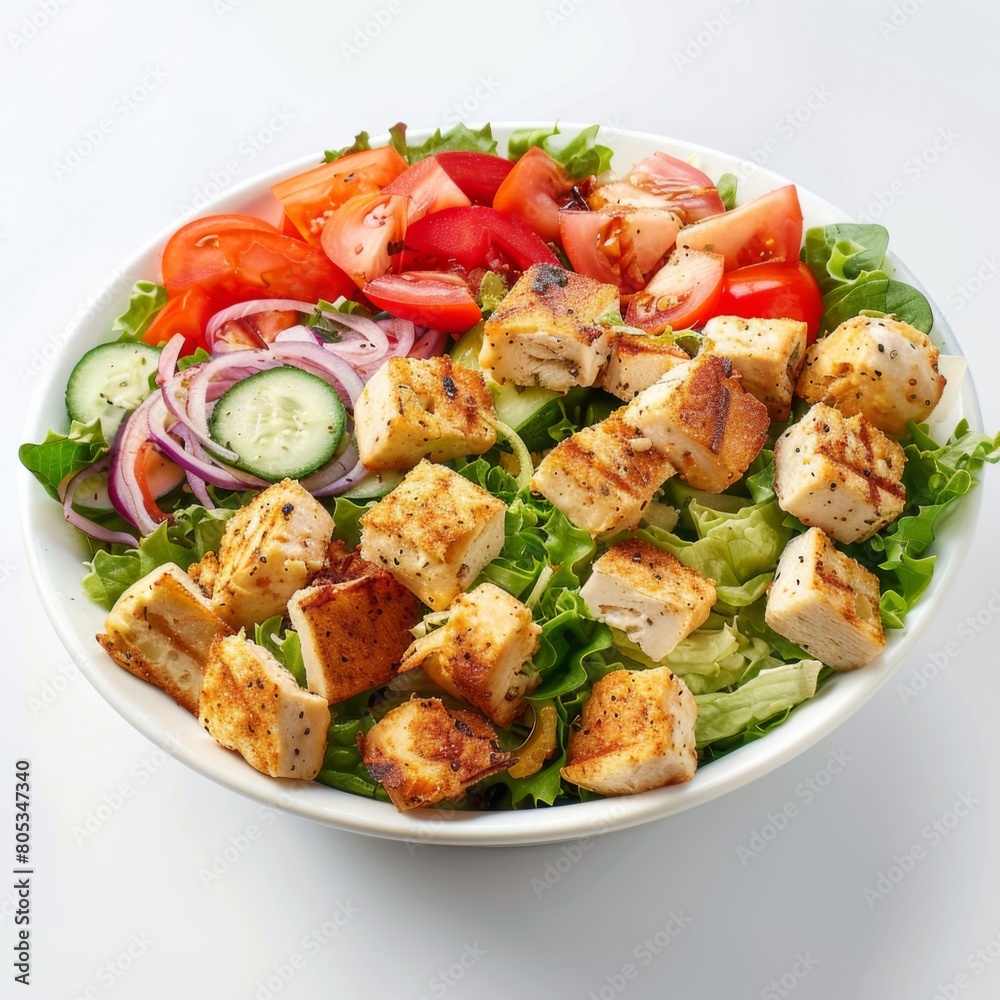 Mouth-watering salad with chicken, tomatoes, cucumber, and onion on a white background Mouth-watering salad with chicken, tomatoes, cucumber, and onion on a white background