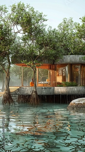 This picturesque scene displays a serene forest house on stilts  surrounded by tranquil waters and lush greenery  evoking peace