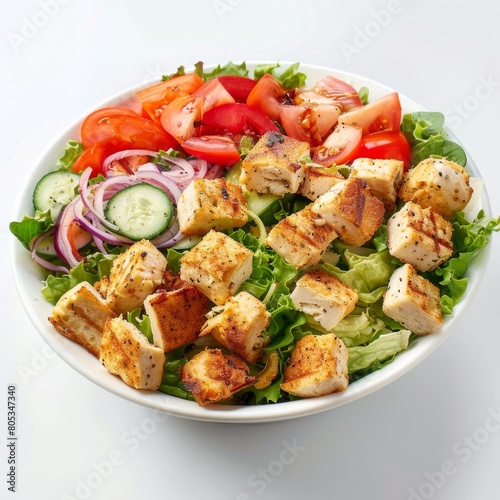 Mouth-watering salad with chicken, tomatoes, cucumber, and onion on a white background