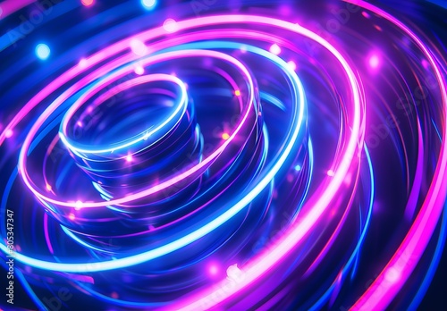 Dynamic and vivid blue and purple neon light swirls that create a sense of digital motion and futuristic technology