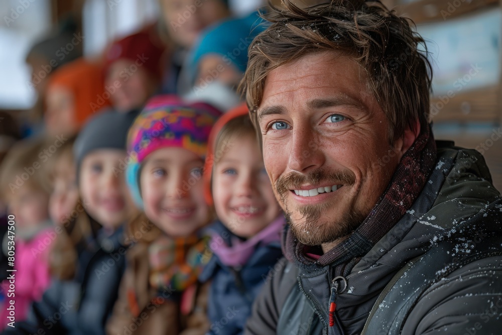 Smiling man surrounded by happy children, likely a family or group outing in a cold winter environment Smiling man surrounded by happy children, likely a family or group outing in a cold winter environment
