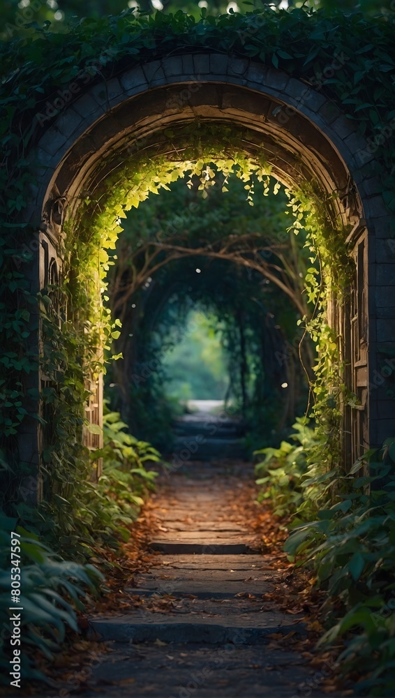 Journey Beyond, Behold a Spectacular Fantasy Scene featuring a Portal Archway Overgrown with Creepers, Inviting You into a Realm of Magic and Mystery.