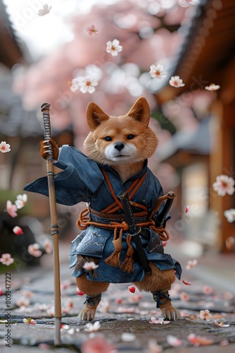 Shiba Inu Samurai with Naginata Weapon in Dynamic Cherry Blossom Action Pose photo